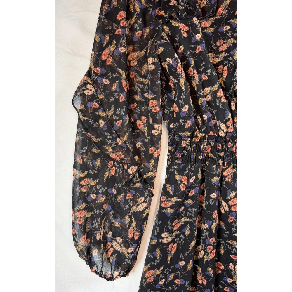 Dress Forum Floral Midi Dress Black Pink Blue Smocked Waist Ruffle sz S wedding‎